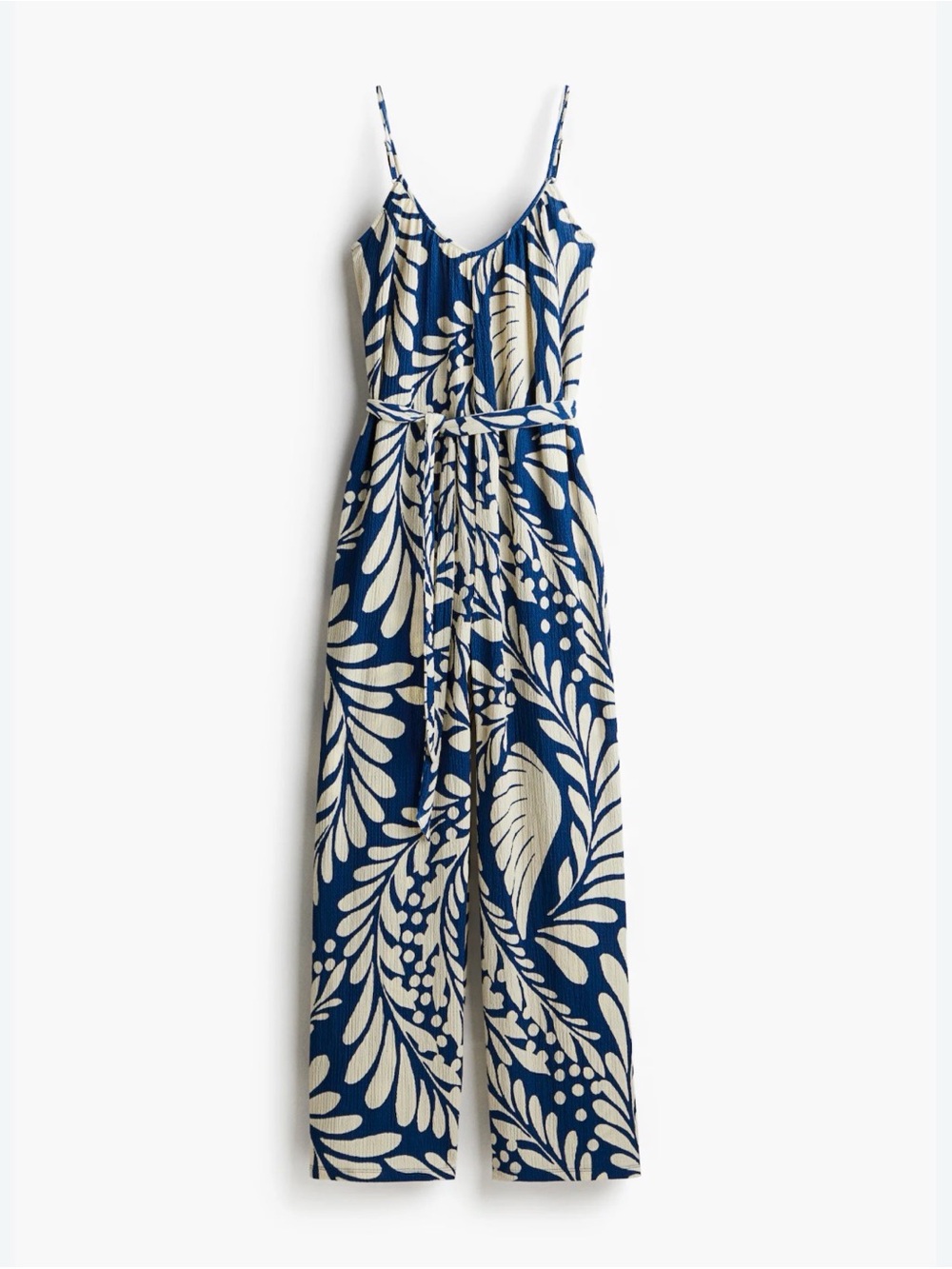 H&M Blue and Cream Floral Print Jumpsuit - Women's Sleeveless Belted